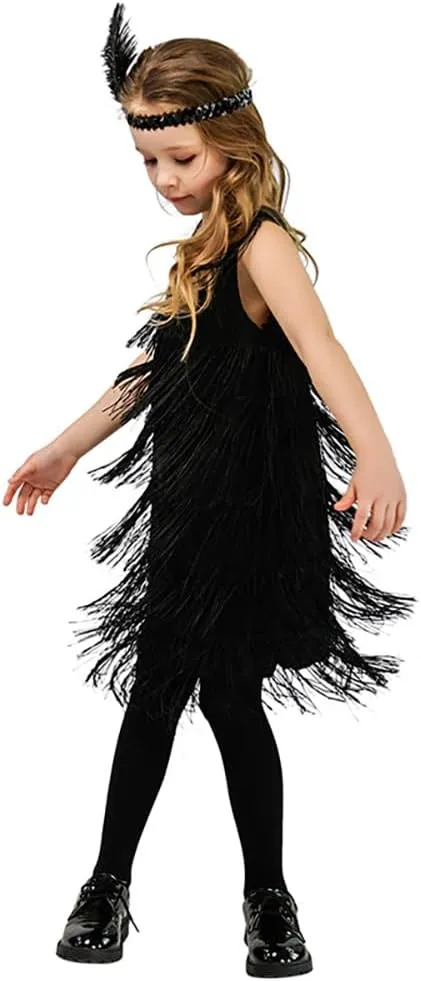 20s Flapper Dresses for Girls Salsa Latin Dance Dress 1920s Gatsby Tassel Fringe Flapper Dress   Feather Headband Dancewear