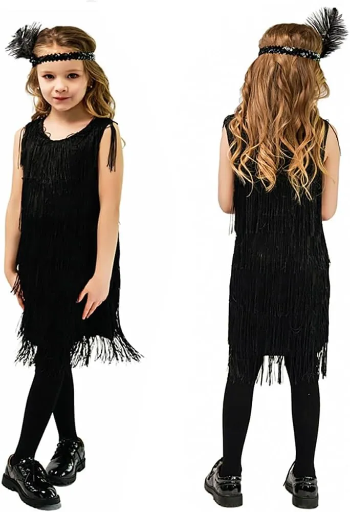 20s Flapper Dresses for Girls Salsa Latin Dance Dress 1920s Gatsby Tassel Fringe Flapper Dress   Feather Headband Dancewear