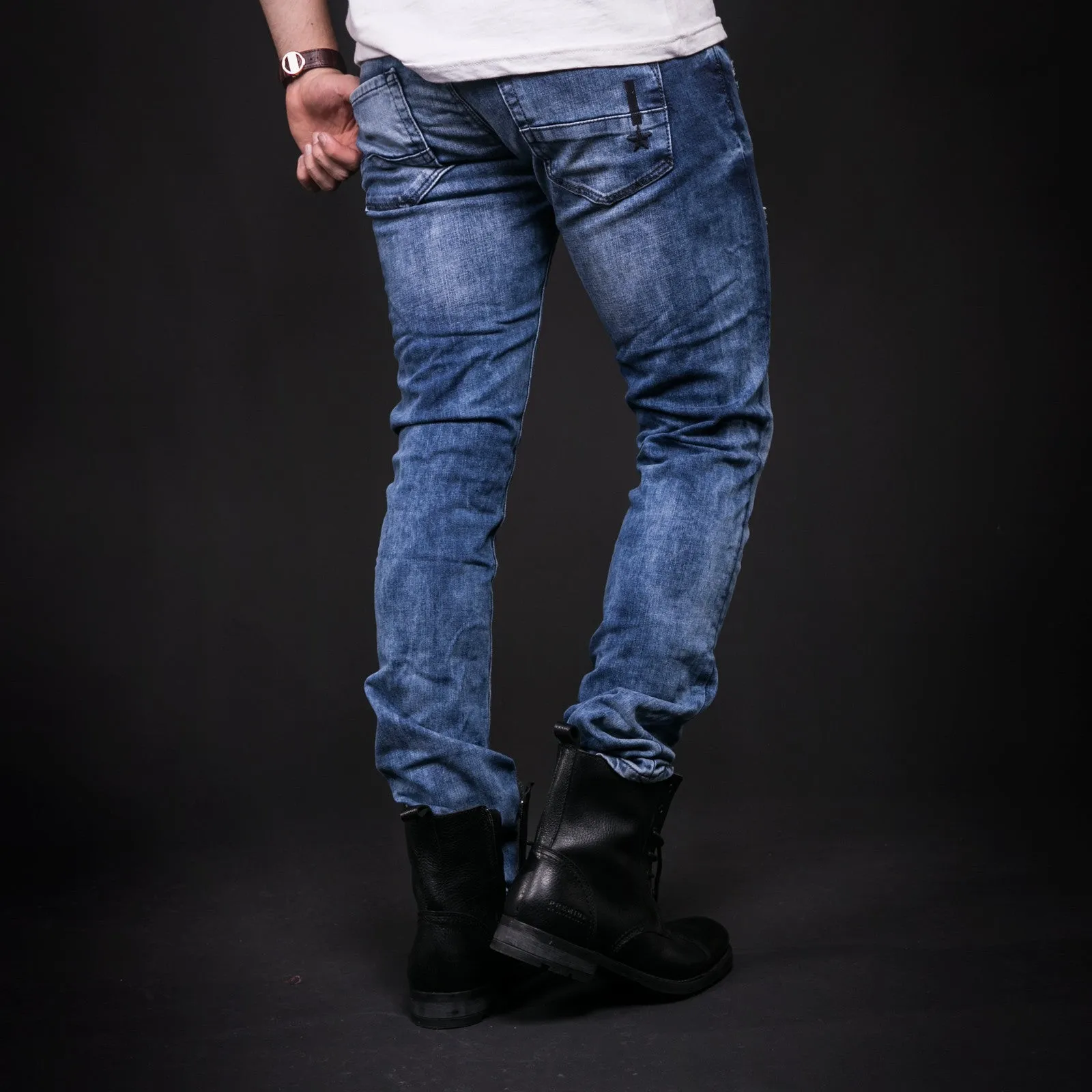 2Y Men Slim Fit Ripped Destroyed Black Star Jeans - Blue