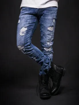 2Y Men Slim Fit Ripped Destroyed Black Star Jeans - Blue
