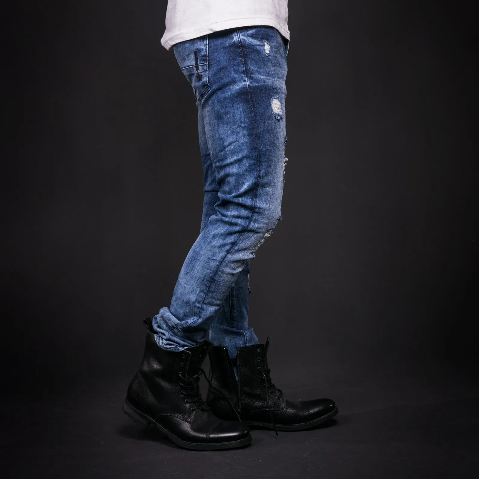 2Y Men Slim Fit Ripped Destroyed Black Star Jeans - Blue