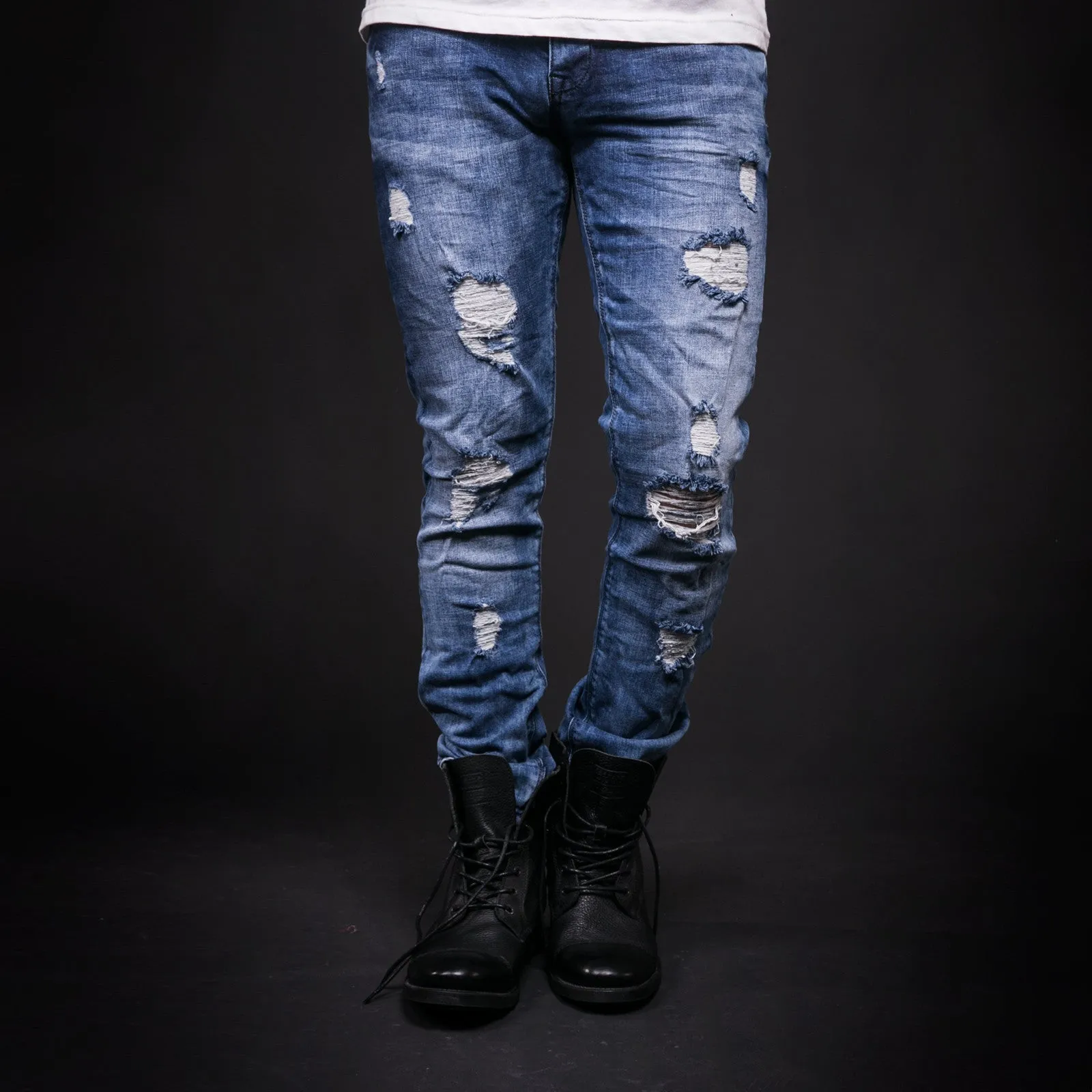 2Y Men Slim Fit Ripped Destroyed Black Star Jeans - Blue