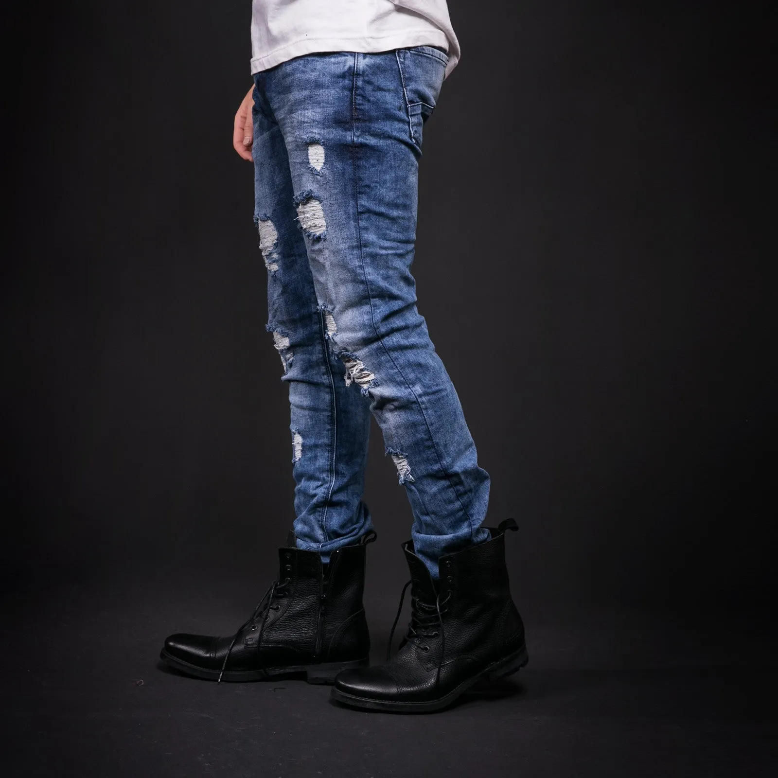 2Y Men Slim Fit Ripped Destroyed Black Star Jeans - Blue
