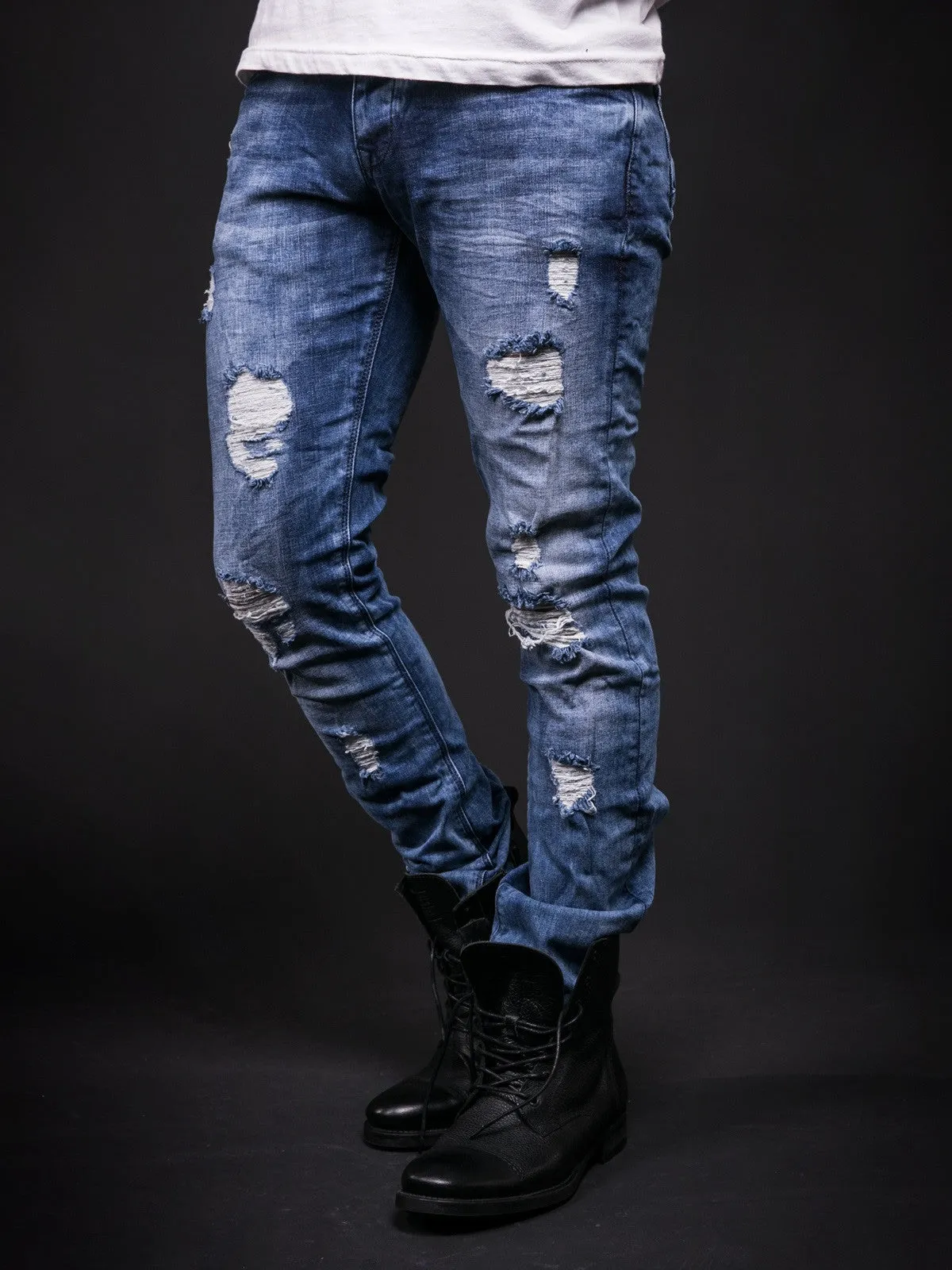 2Y Men Slim Fit Ripped Destroyed Black Star Jeans - Blue