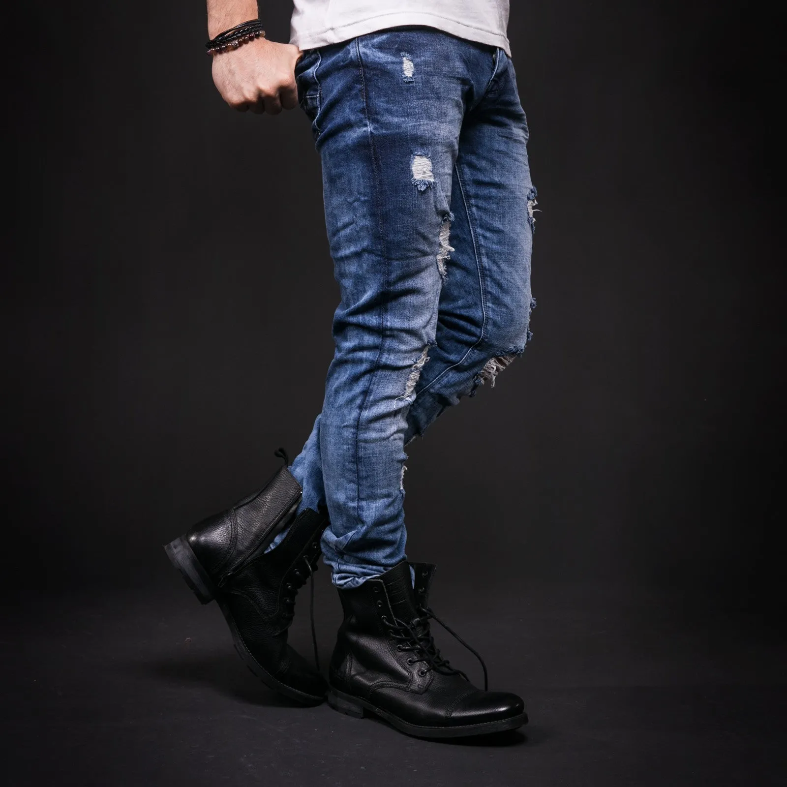2Y Men Slim Fit Ripped Destroyed Black Star Jeans - Blue