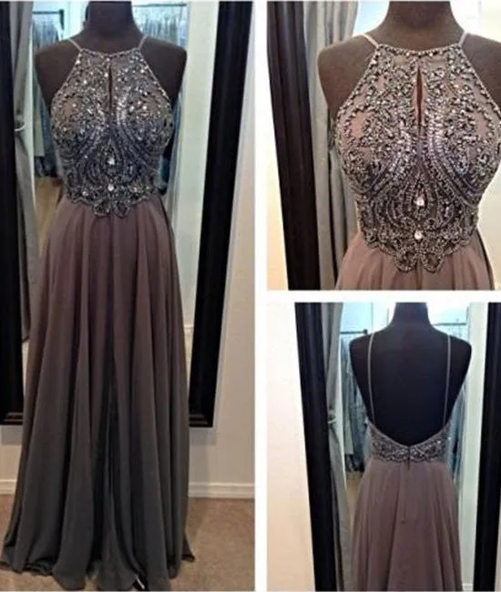 A-line Chiffon Beaded Backless Long Prom Dresses, Long Grey Evening Dresses