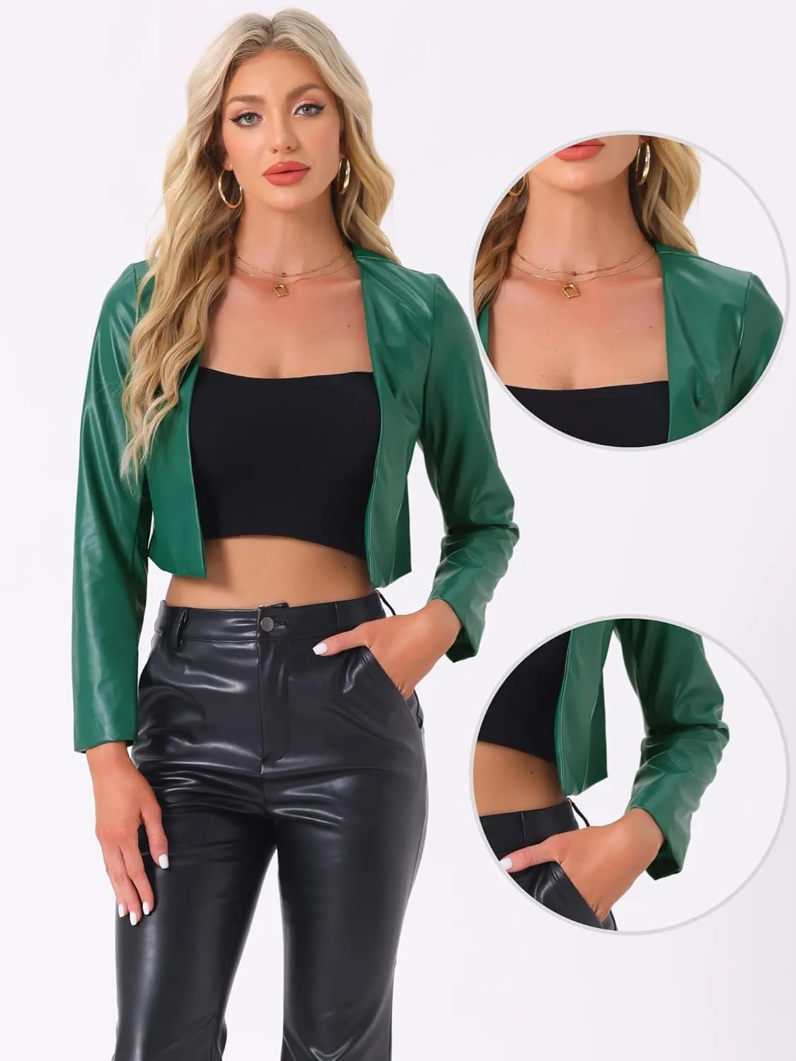Allegra K Faux Leather Jacket for Women's Long Sleeve Short Coat Moto Biker Cropped PU Jackets