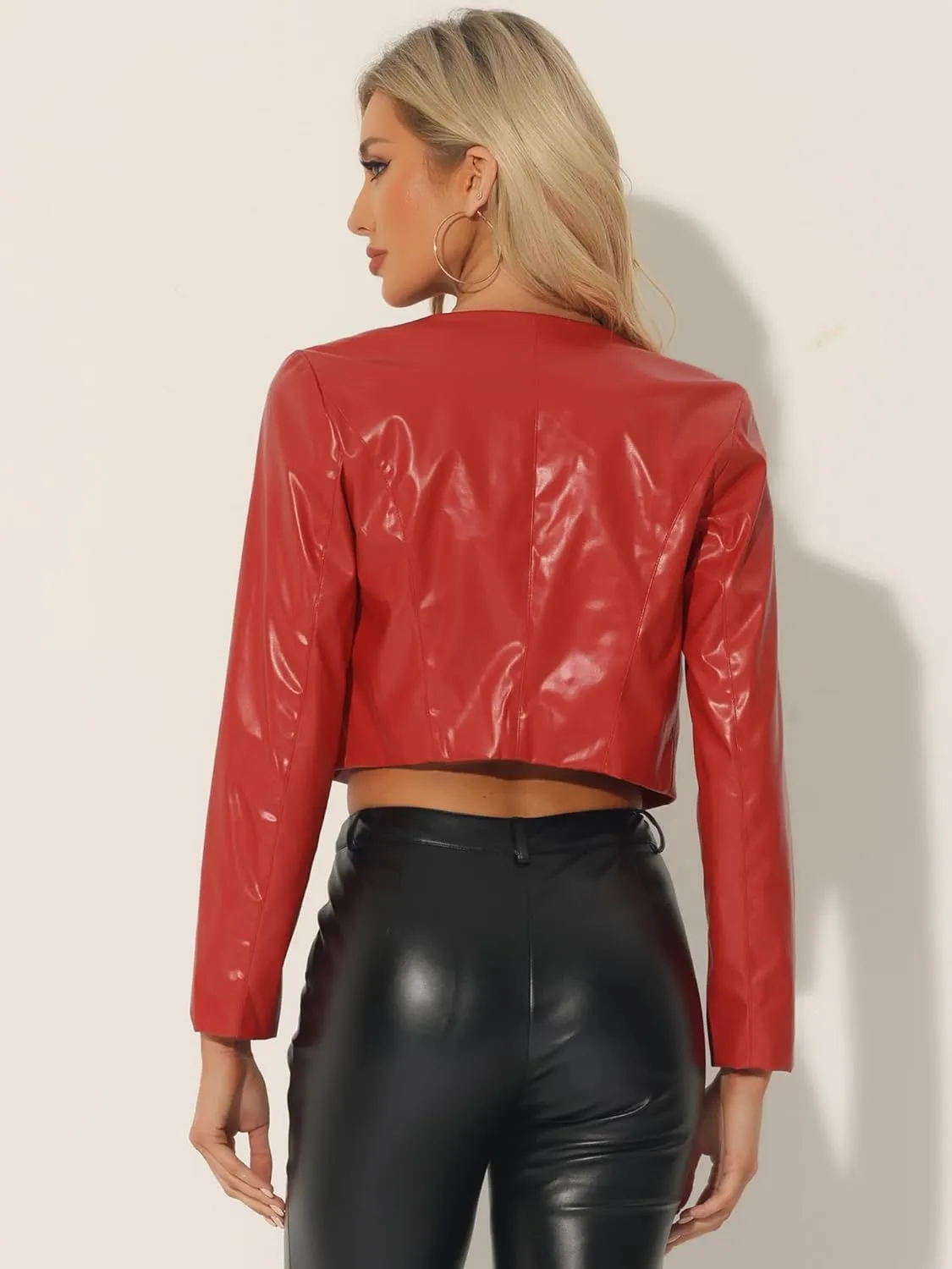 Allegra K Faux Leather Jacket for Women's Long Sleeve Short Coat Moto Biker Cropped PU Jackets
