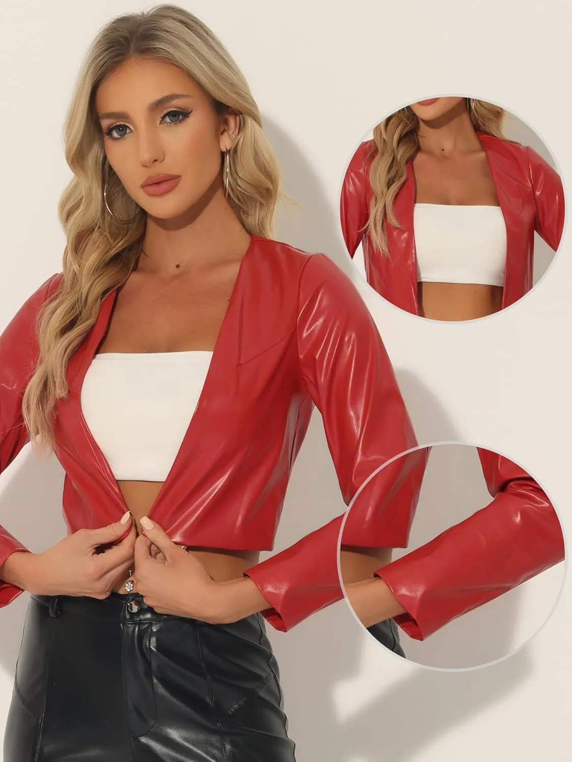 Allegra K Faux Leather Jacket for Women's Long Sleeve Short Coat Moto Biker Cropped PU Jackets