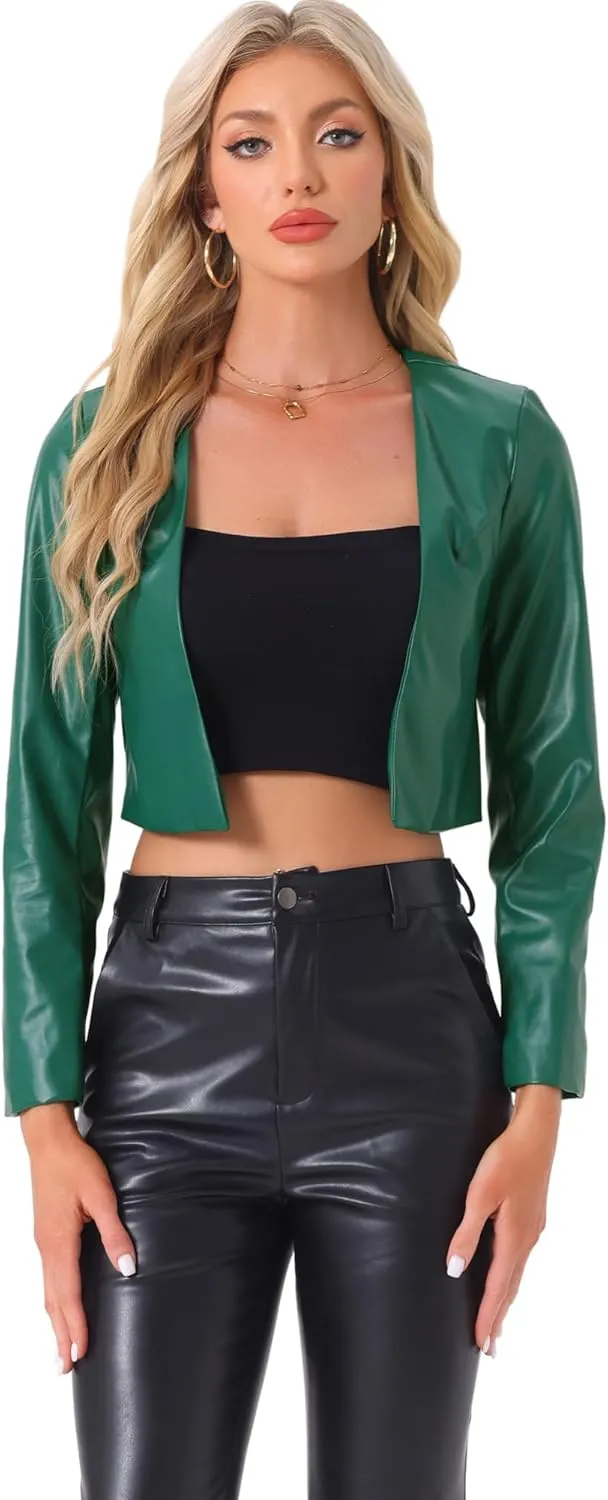 Allegra K Faux Leather Jacket for Women's Long Sleeve Short Coat Moto Biker Cropped PU Jackets
