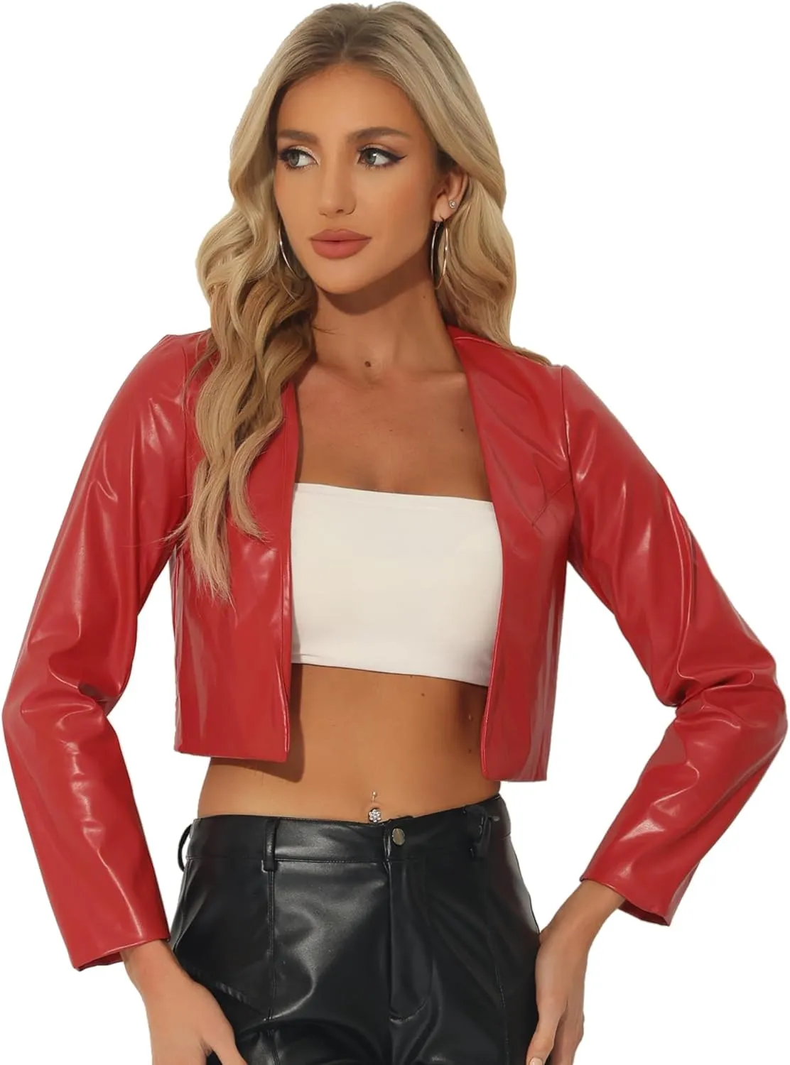 Allegra K Faux Leather Jacket for Women's Long Sleeve Short Coat Moto Biker Cropped PU Jackets
