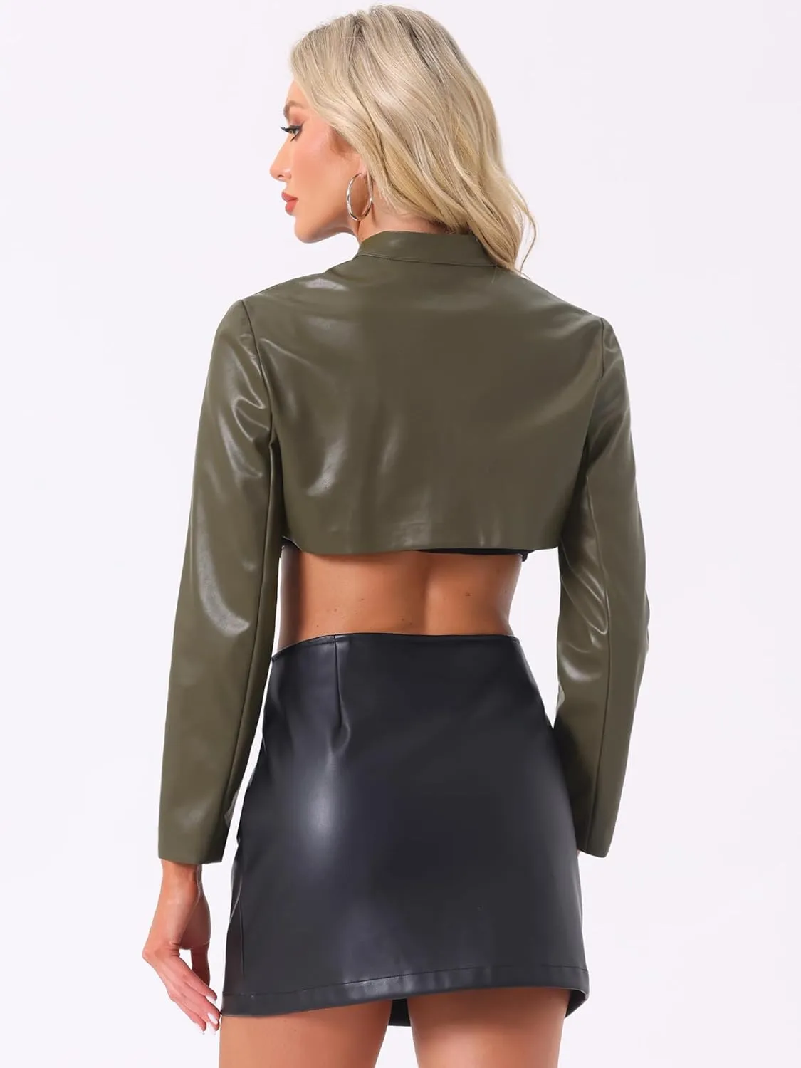Allegra K Women's Faux Leather Cropped Top Stand Collar Zipper Front Moto Biker Long Sleeve Jacket Coat