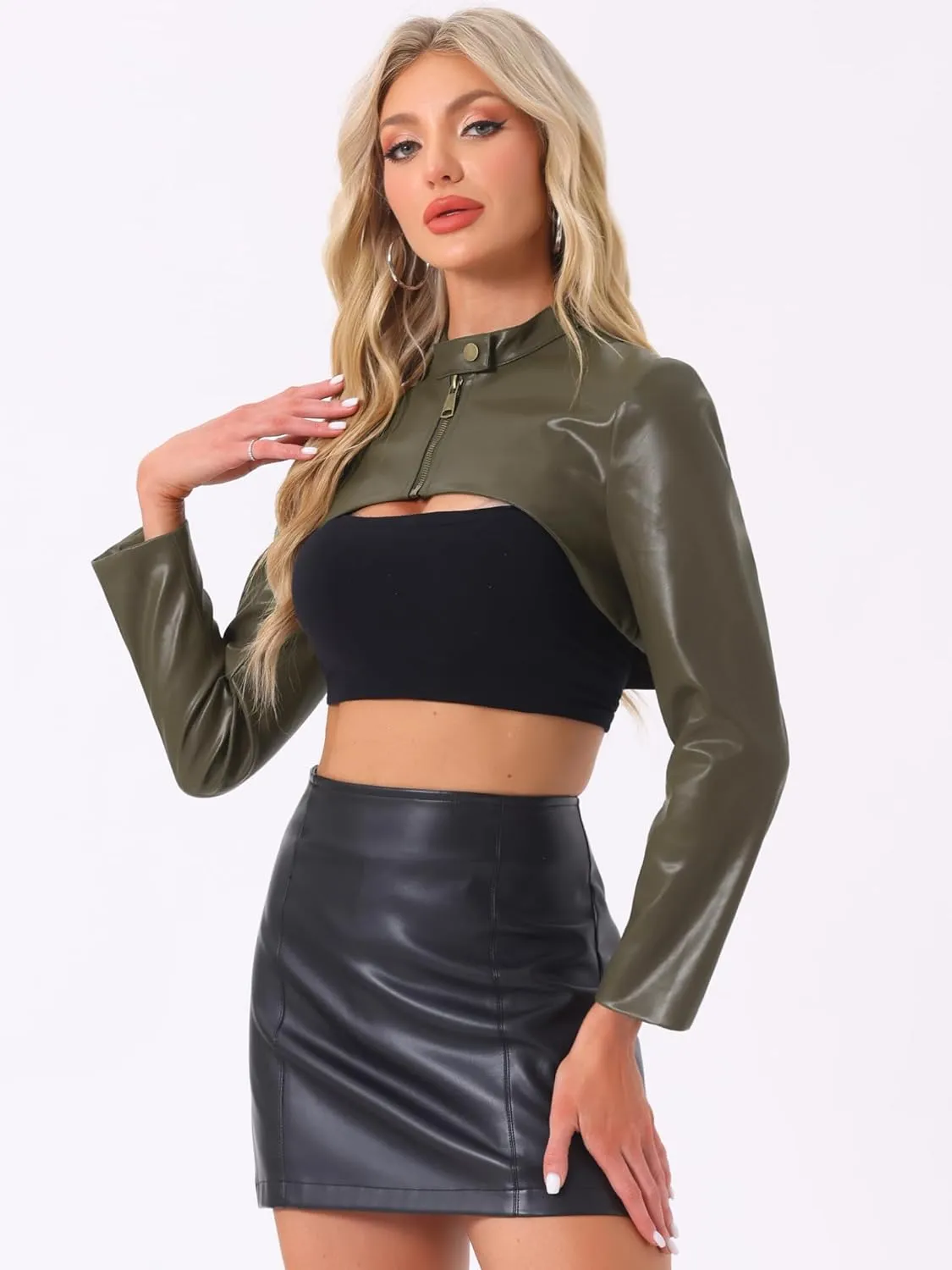 Allegra K Women's Faux Leather Cropped Top Stand Collar Zipper Front Moto Biker Long Sleeve Jacket Coat