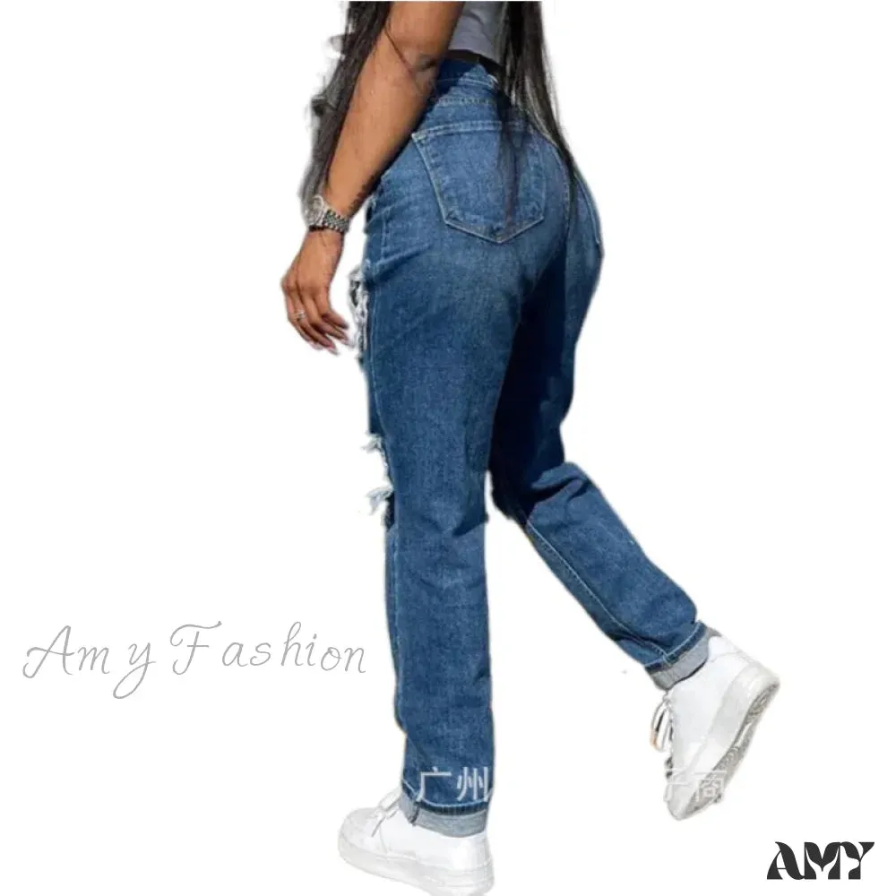 Amy Fashion - Hollow Out Ripped Straight Jeans