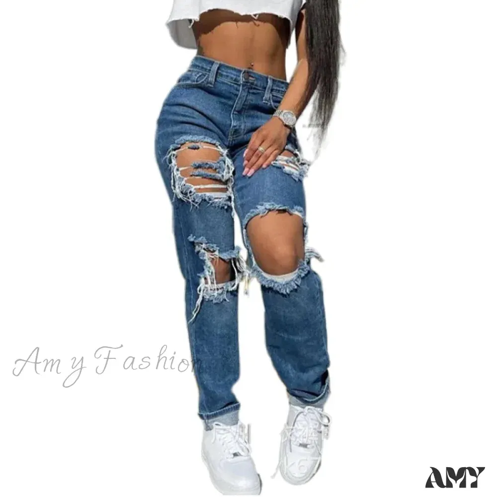Amy Fashion - Hollow Out Ripped Straight Jeans