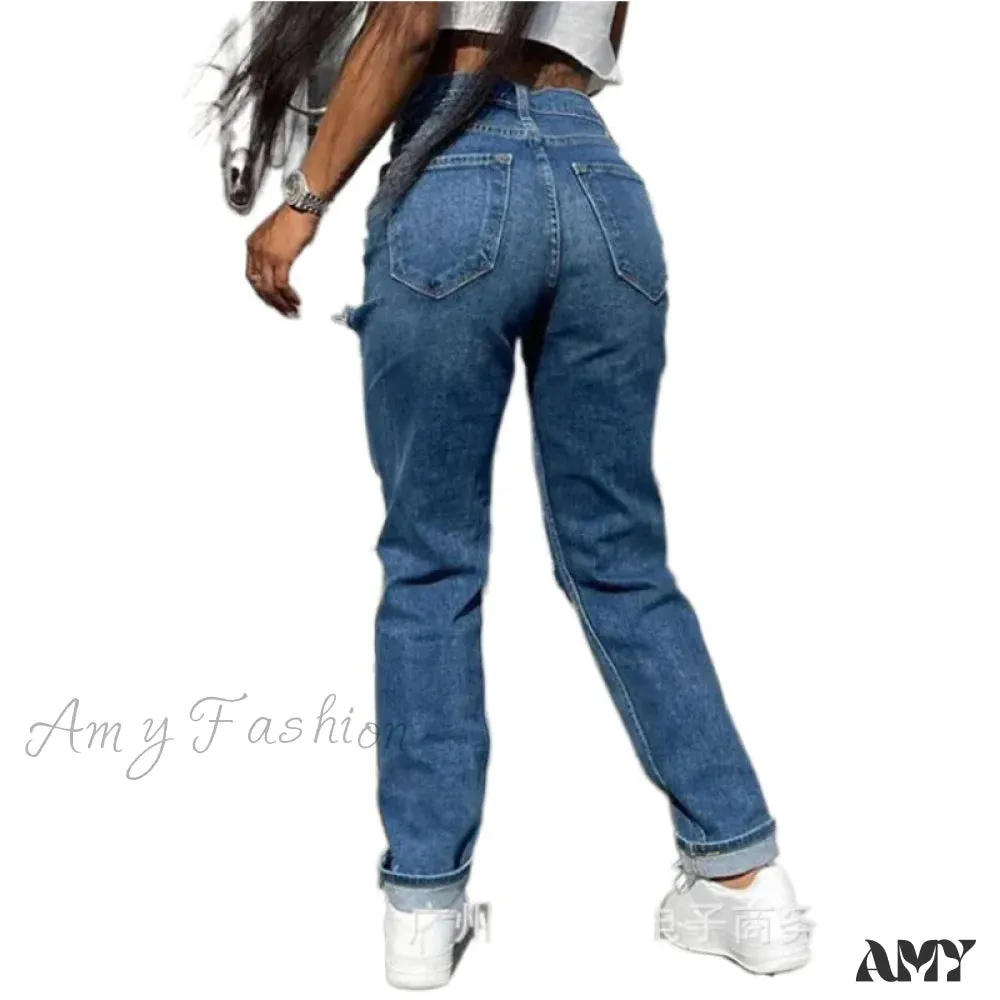 Amy Fashion - Hollow Out Ripped Straight Jeans