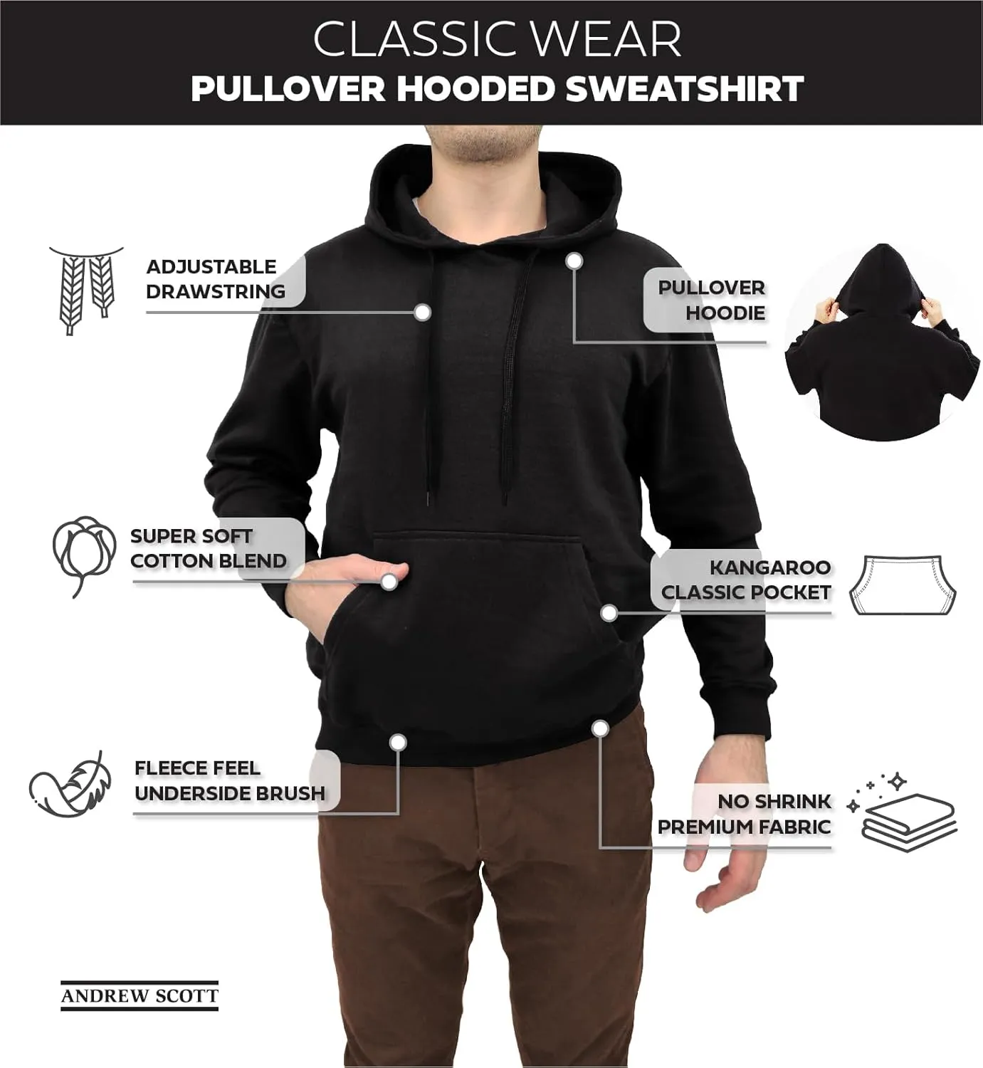 Andrew Scott Cotton Hoodie, Soft Midweight Fleece, Pullover Hooded Sweatshirt for Men - Multi Packs