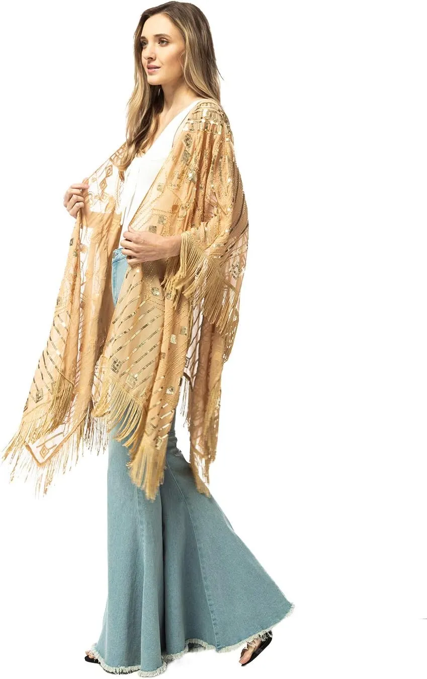 Anna-Kaci Womens Oversized Gatsby Hand Beaded Fringed Sequin Evening Shawl Wrap