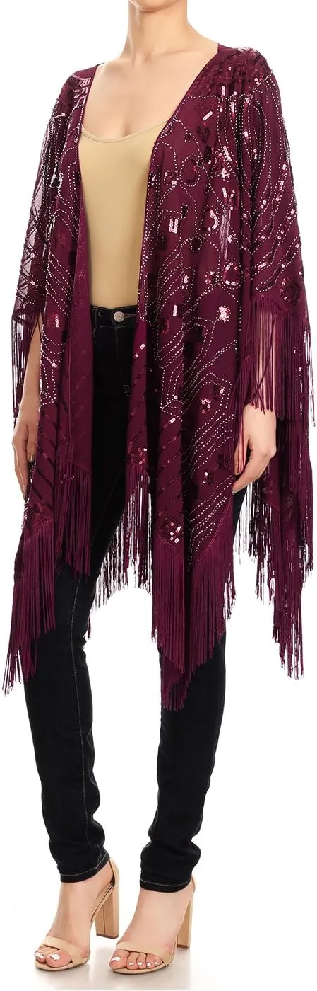 Anna-Kaci Womens Oversized Gatsby Hand Beaded Fringed Sequin Evening Shawl Wrap