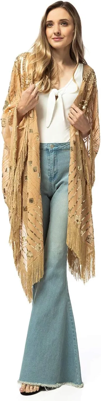 Anna-Kaci Womens Oversized Gatsby Hand Beaded Fringed Sequin Evening Shawl Wrap