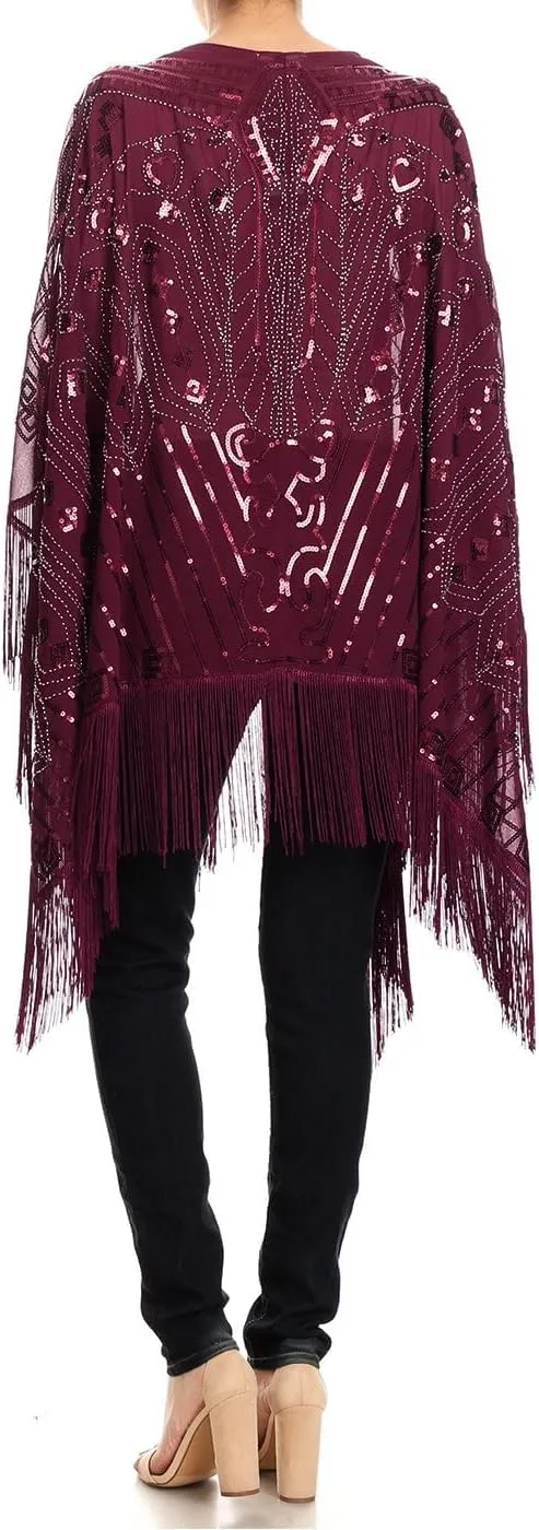 Anna-Kaci Womens Oversized Gatsby Hand Beaded Fringed Sequin Evening Shawl Wrap