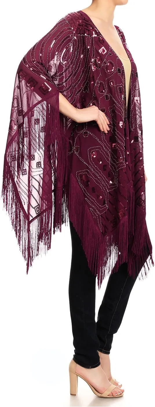 Anna-Kaci Womens Oversized Gatsby Hand Beaded Fringed Sequin Evening Shawl Wrap