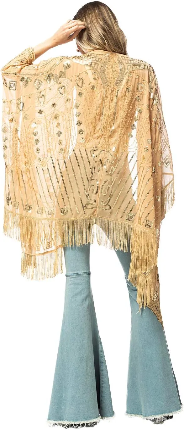 Anna-Kaci Womens Oversized Gatsby Hand Beaded Fringed Sequin Evening Shawl Wrap