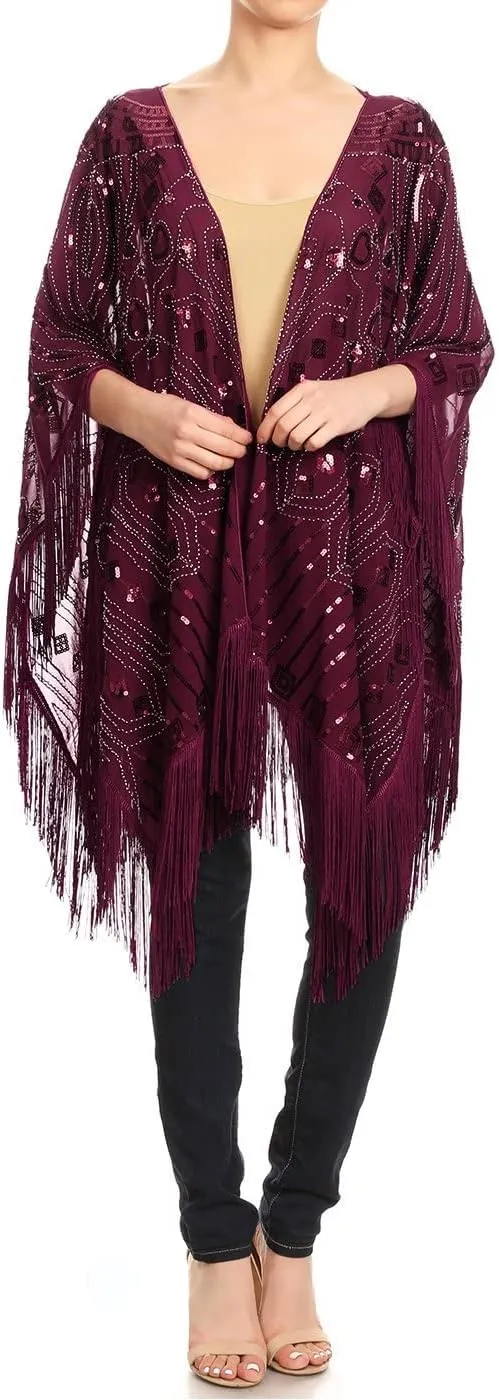 Anna-Kaci Womens Oversized Gatsby Hand Beaded Fringed Sequin Evening Shawl Wrap