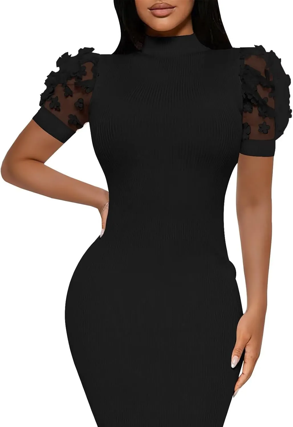Annystore Women's Mesh See Through Sheer Dress Short Puff Sleeve Bodycon Dress Mock Neck Sexy Club Party Midi Dress Clubwear