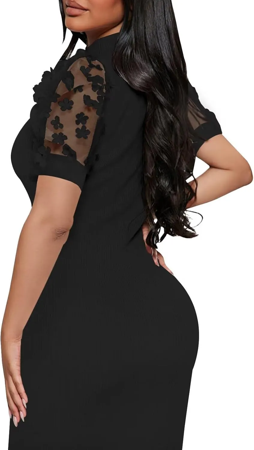 Annystore Women's Mesh See Through Sheer Dress Short Puff Sleeve Bodycon Dress Mock Neck Sexy Club Party Midi Dress Clubwear