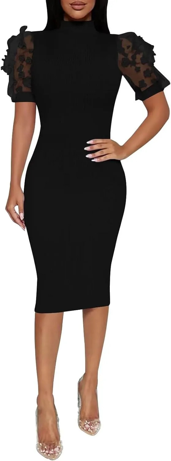 Annystore Women's Mesh See Through Sheer Dress Short Puff Sleeve Bodycon Dress Mock Neck Sexy Club Party Midi Dress Clubwear