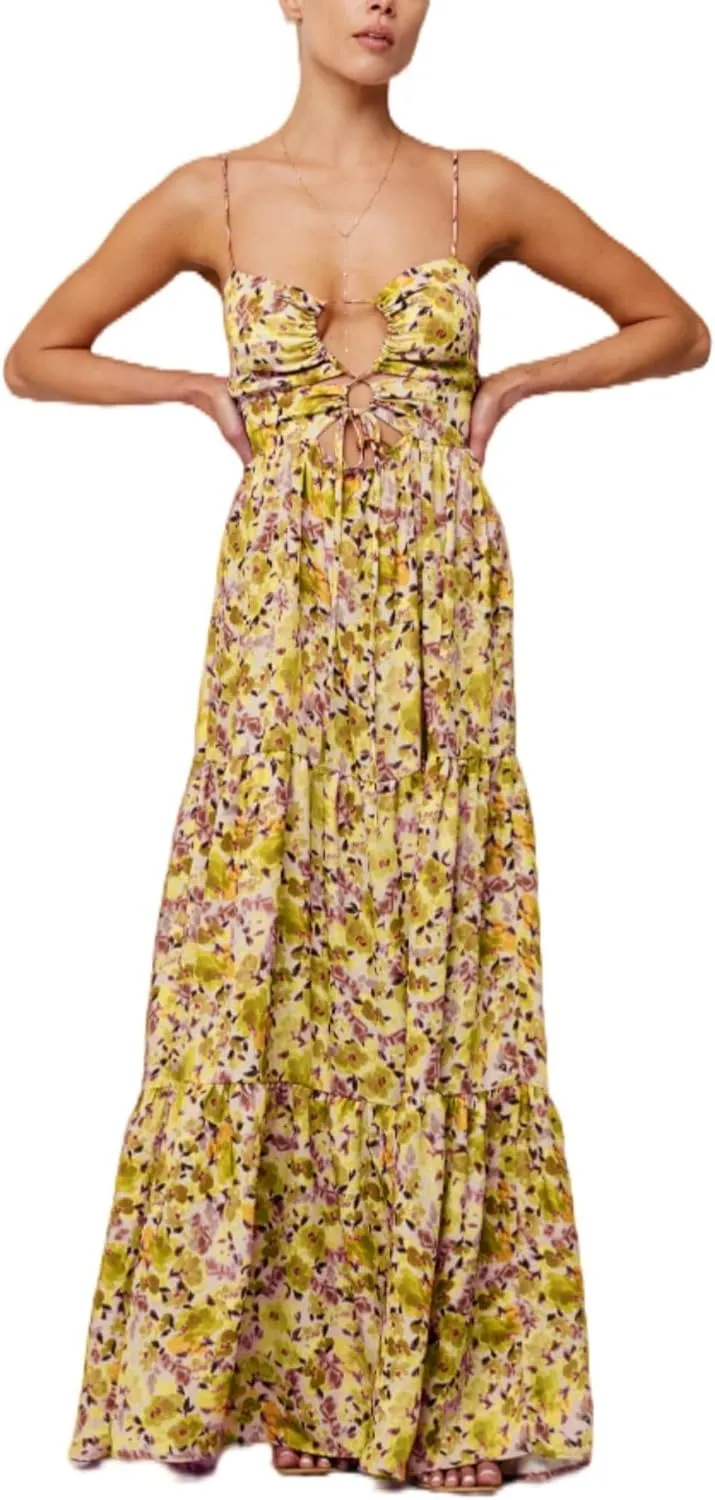 Aopwsrlyi Women Summer Sleeveless Backless Spaghetti Strap Long Floral Dress Sexy Cut Out Smocked Flowy Maxi Dress