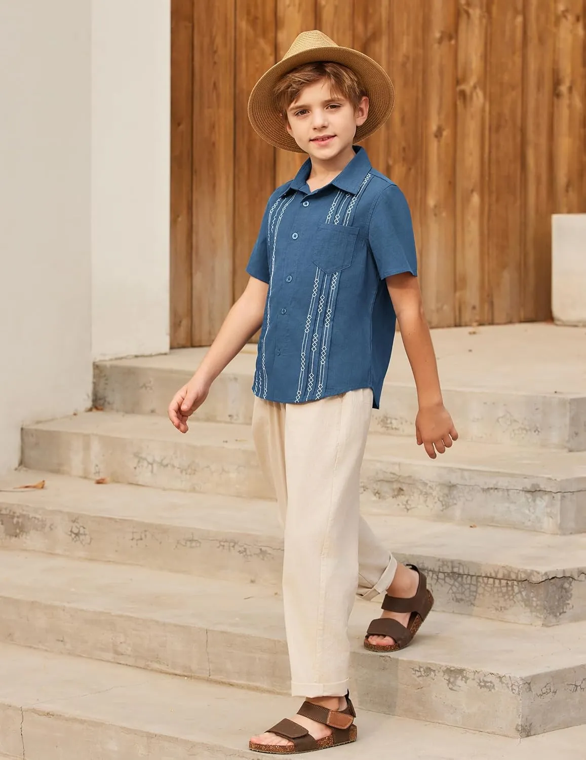 Arshiner Boys Guayabera Shirt Short Sleeve Cotton Linen Button Down Shirt Summer Beach Tops with One Pocket