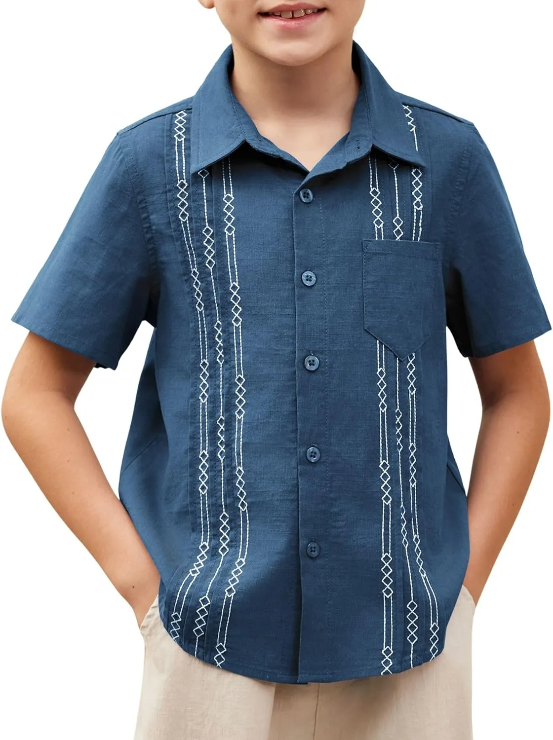 Arshiner Boys Guayabera Shirt Short Sleeve Cotton Linen Button Down Shirt Summer Beach Tops with One Pocket