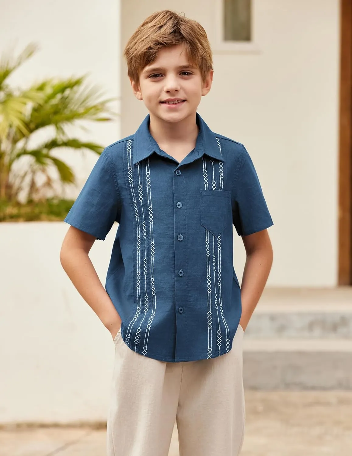 Arshiner Boys Guayabera Shirt Short Sleeve Cotton Linen Button Down Shirt Summer Beach Tops with One Pocket