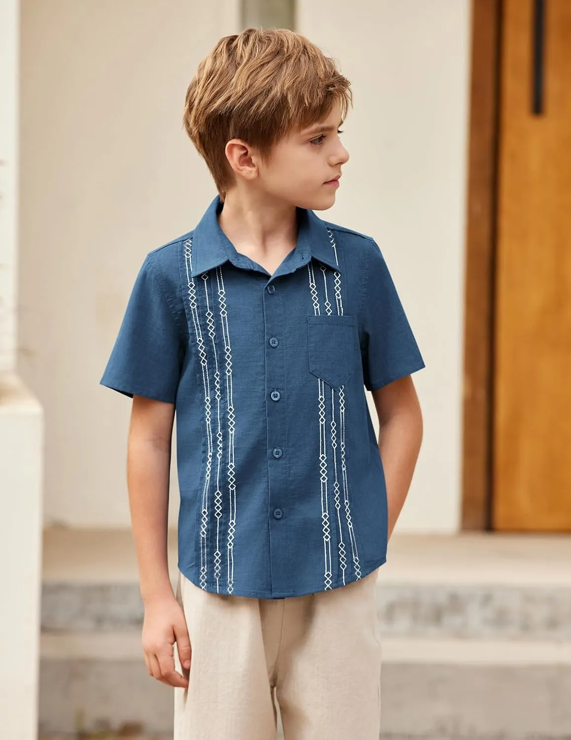 Arshiner Boys Guayabera Shirt Short Sleeve Cotton Linen Button Down Shirt Summer Beach Tops with One Pocket