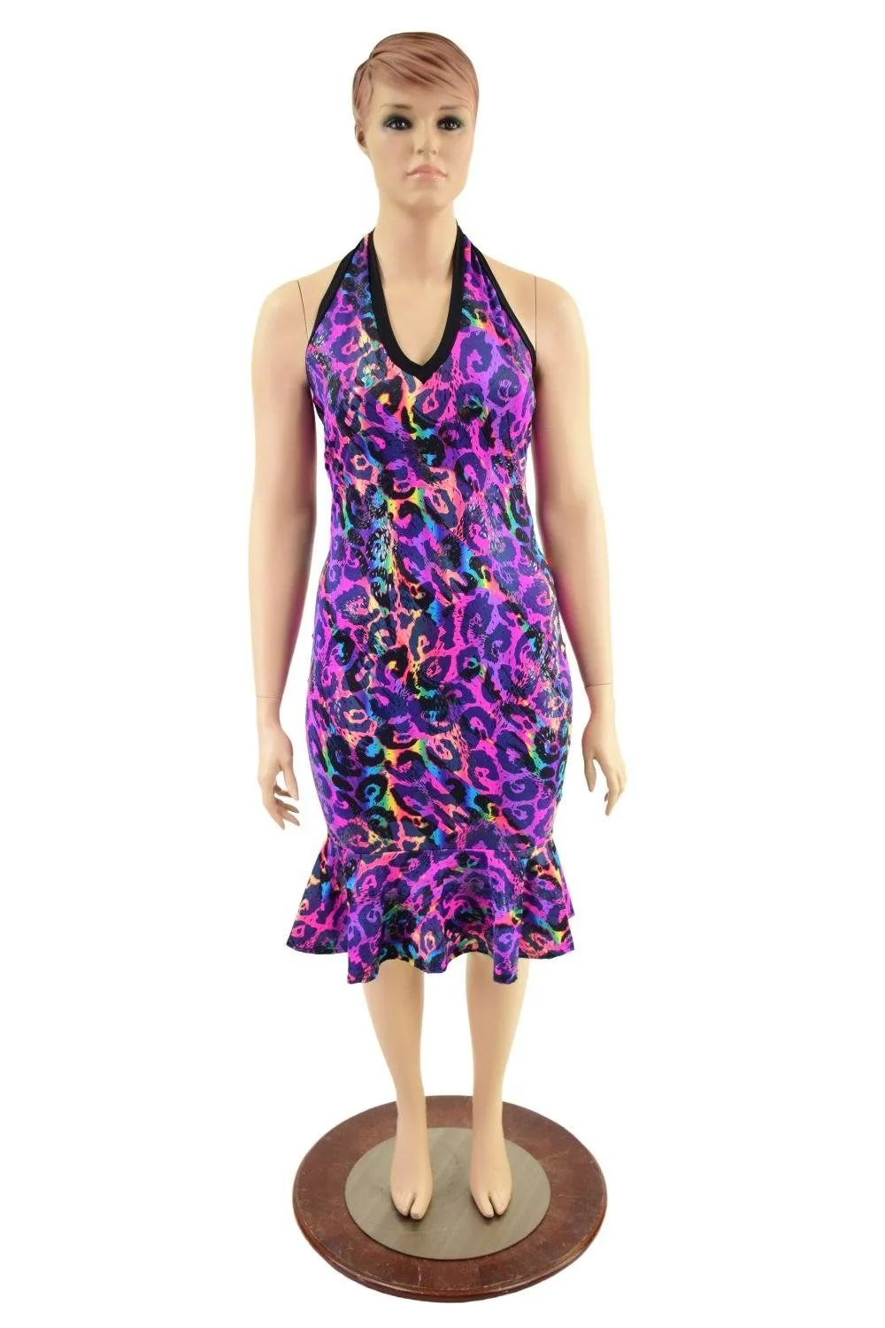 Backless Halter Wiggle Dress in Rainbow Leopard