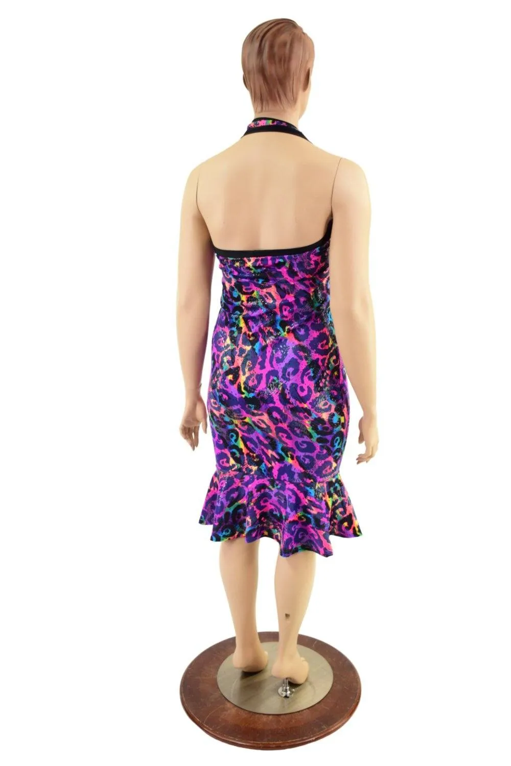 Backless Halter Wiggle Dress in Rainbow Leopard