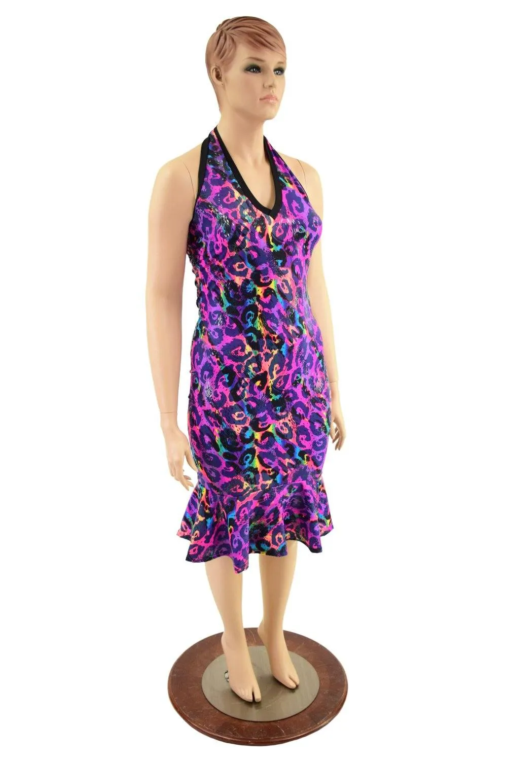 Backless Halter Wiggle Dress in Rainbow Leopard