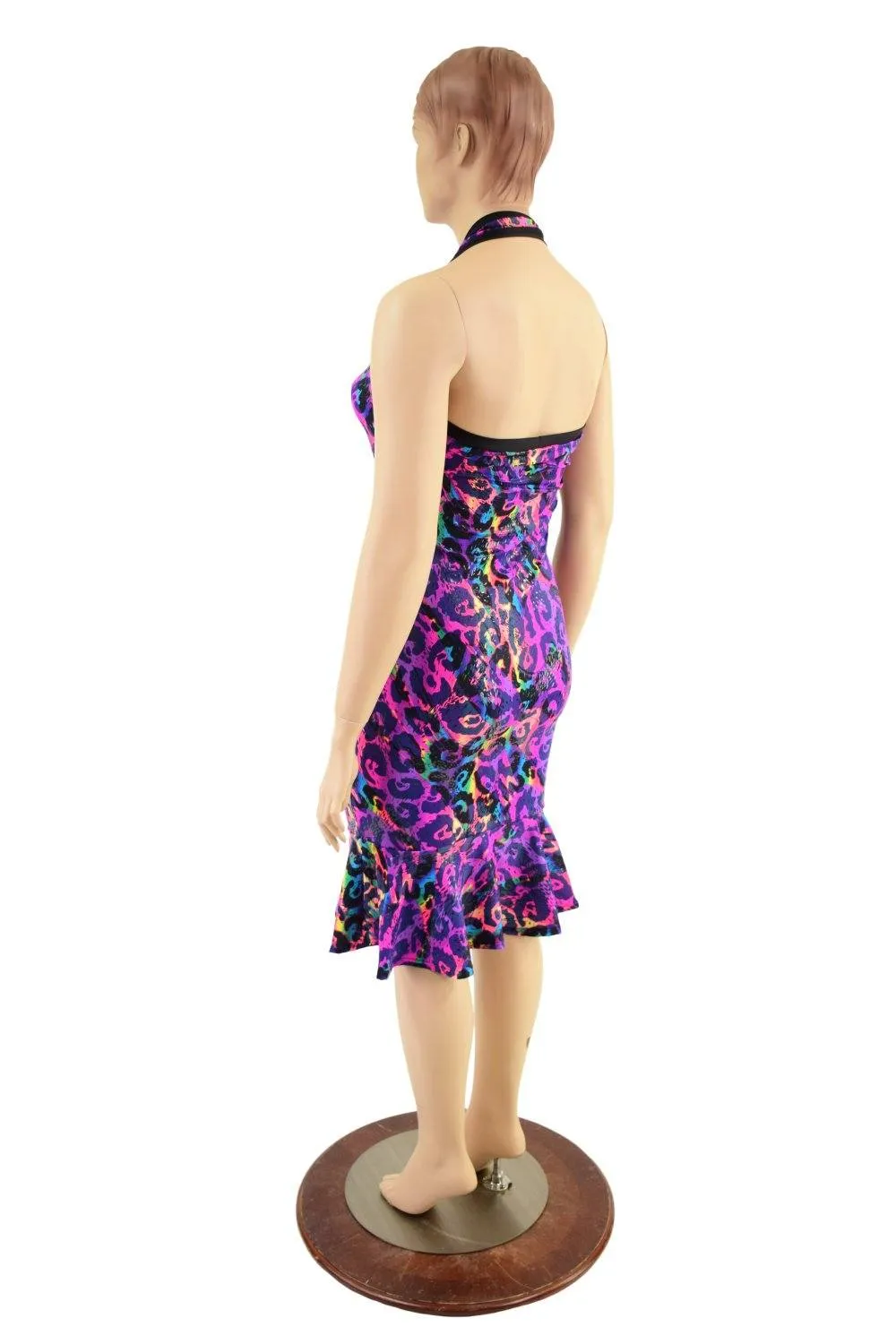 Backless Halter Wiggle Dress in Rainbow Leopard