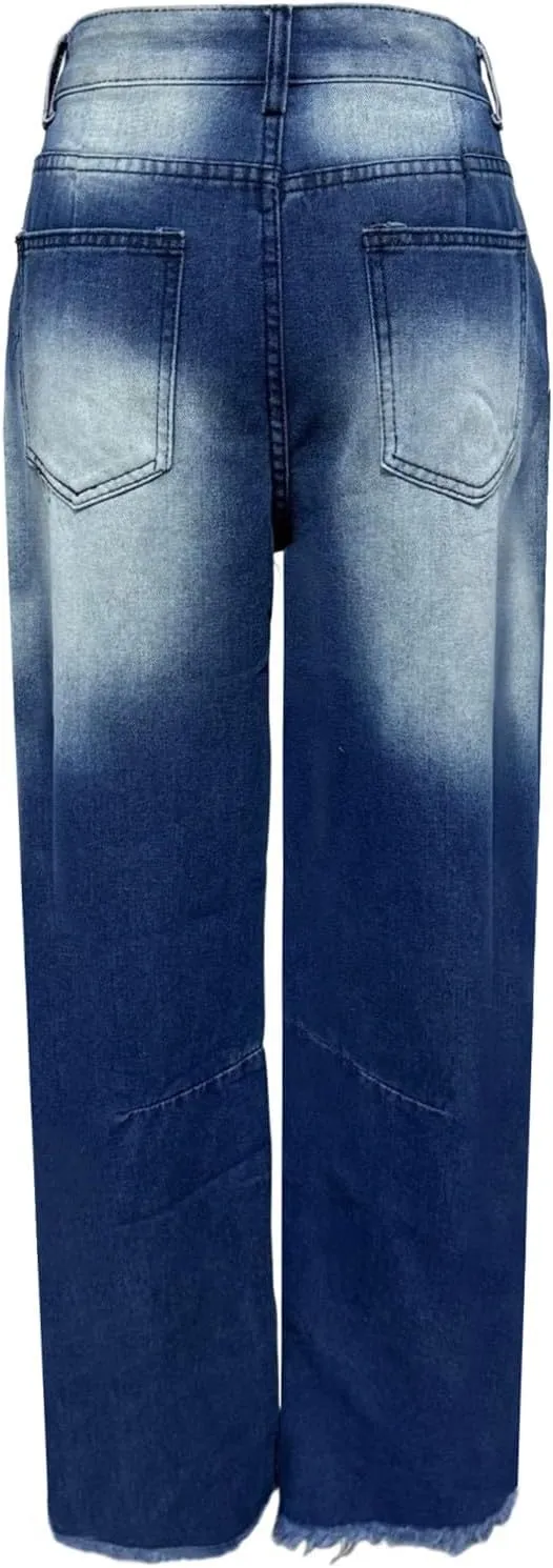 Baggy Jeans for Women High Waist Wide Leg Barrel Jeans Vintage Y2K Cargo Ripped Capri Jean Casual Distressed Denim Pants