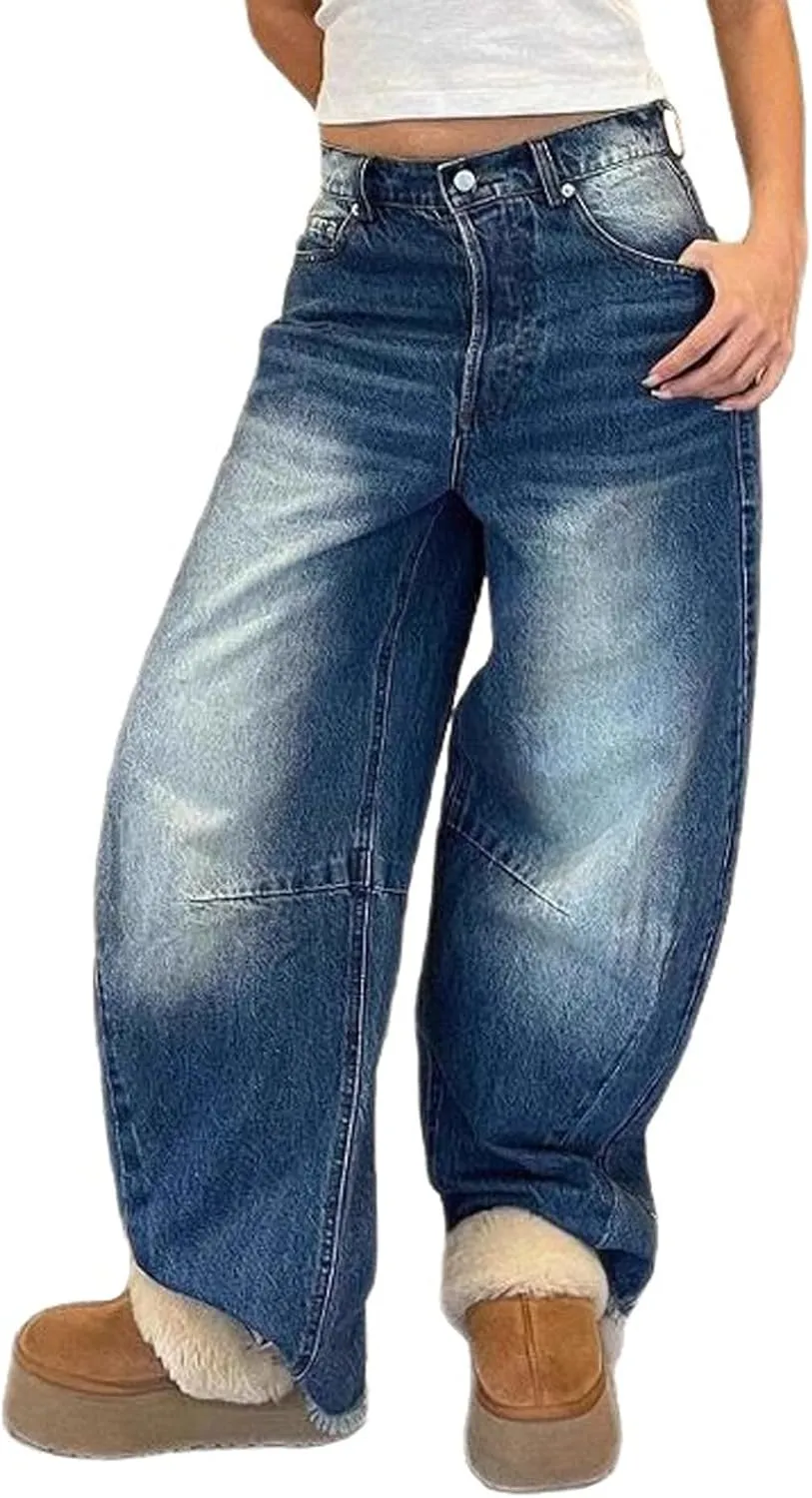 Baggy Jeans for Women High Waist Wide Leg Barrel Jeans Vintage Y2K Cargo Ripped Capri Jean Casual Distressed Denim Pants
