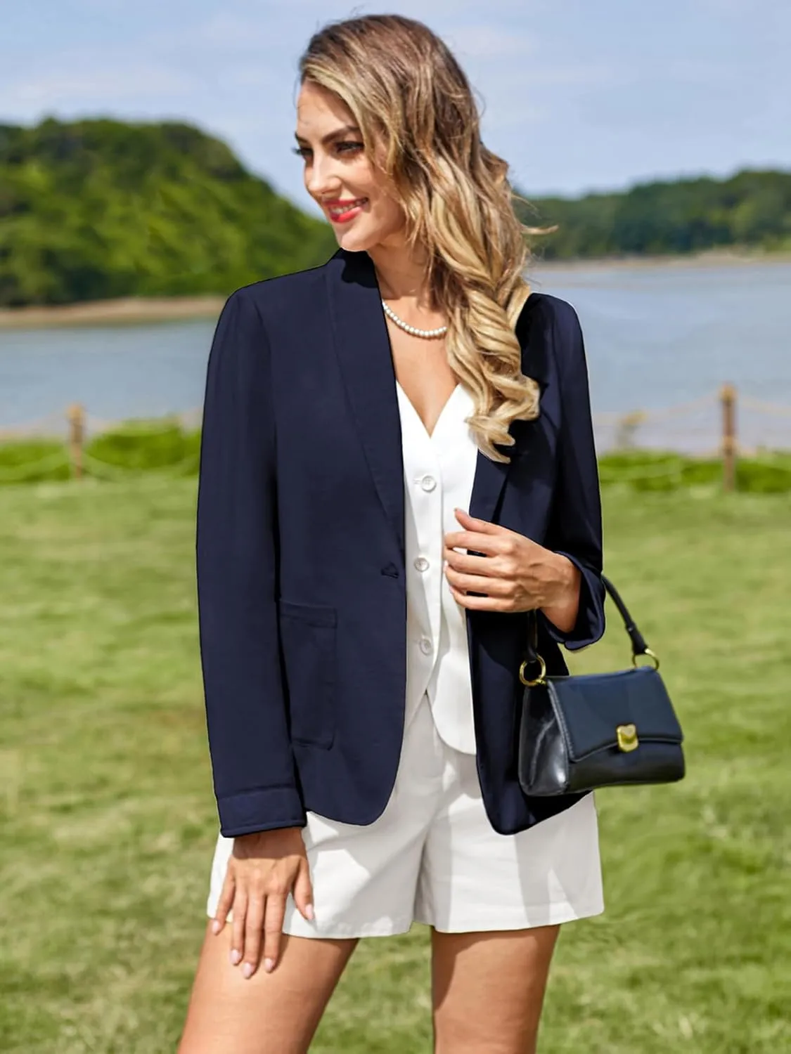 Belle Poque Women's Linen Blazer Lightweight Long Sleeve Shawl Lapel Suit Jacket Coat for Office Work Travel