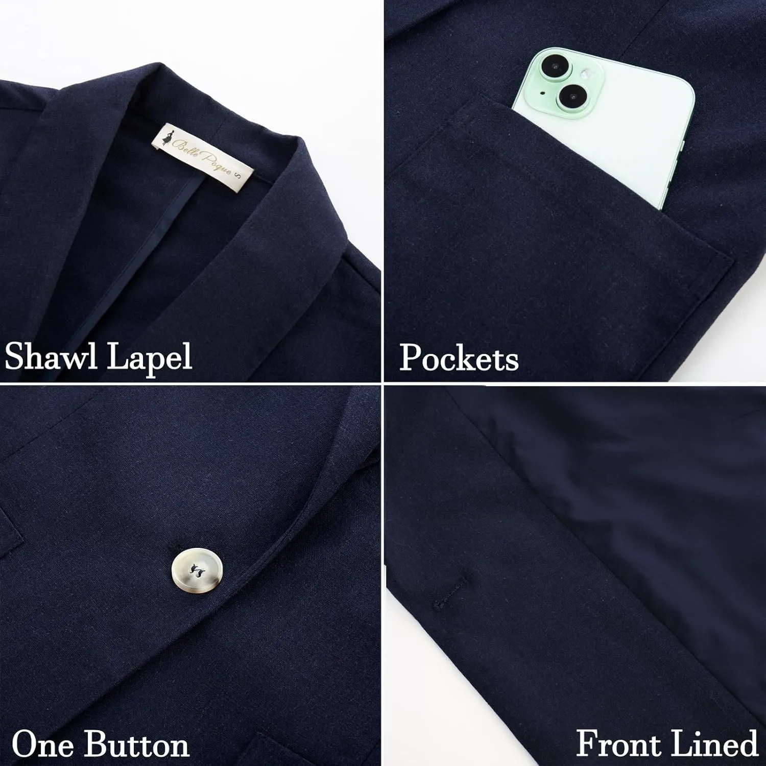 Belle Poque Women's Linen Blazer Lightweight Long Sleeve Shawl Lapel Suit Jacket Coat for Office Work Travel