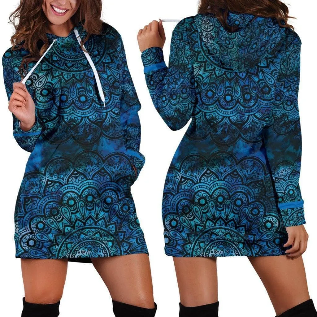 Blue Mandala Hoodie Dress | Longline Hoodie Sweatshirt S