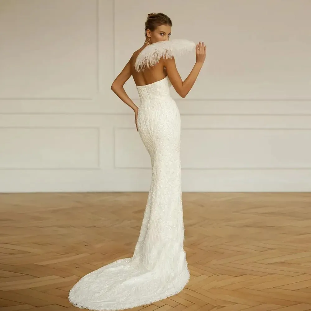 Boat Neck Mermaid Wedding Dress with Detachable Train & Sequins