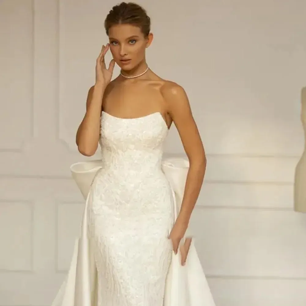 Boat Neck Mermaid Wedding Dress with Detachable Train & Sequins