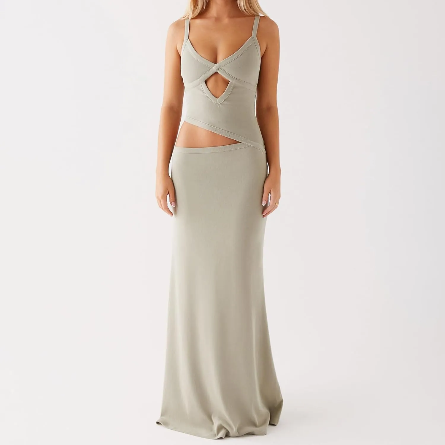 Bodycon Maxi Dress Women Sexy Sleeveless Cutout Low V Neck Spaghetti Strap Backless Solid Hollow Out Long Dresses