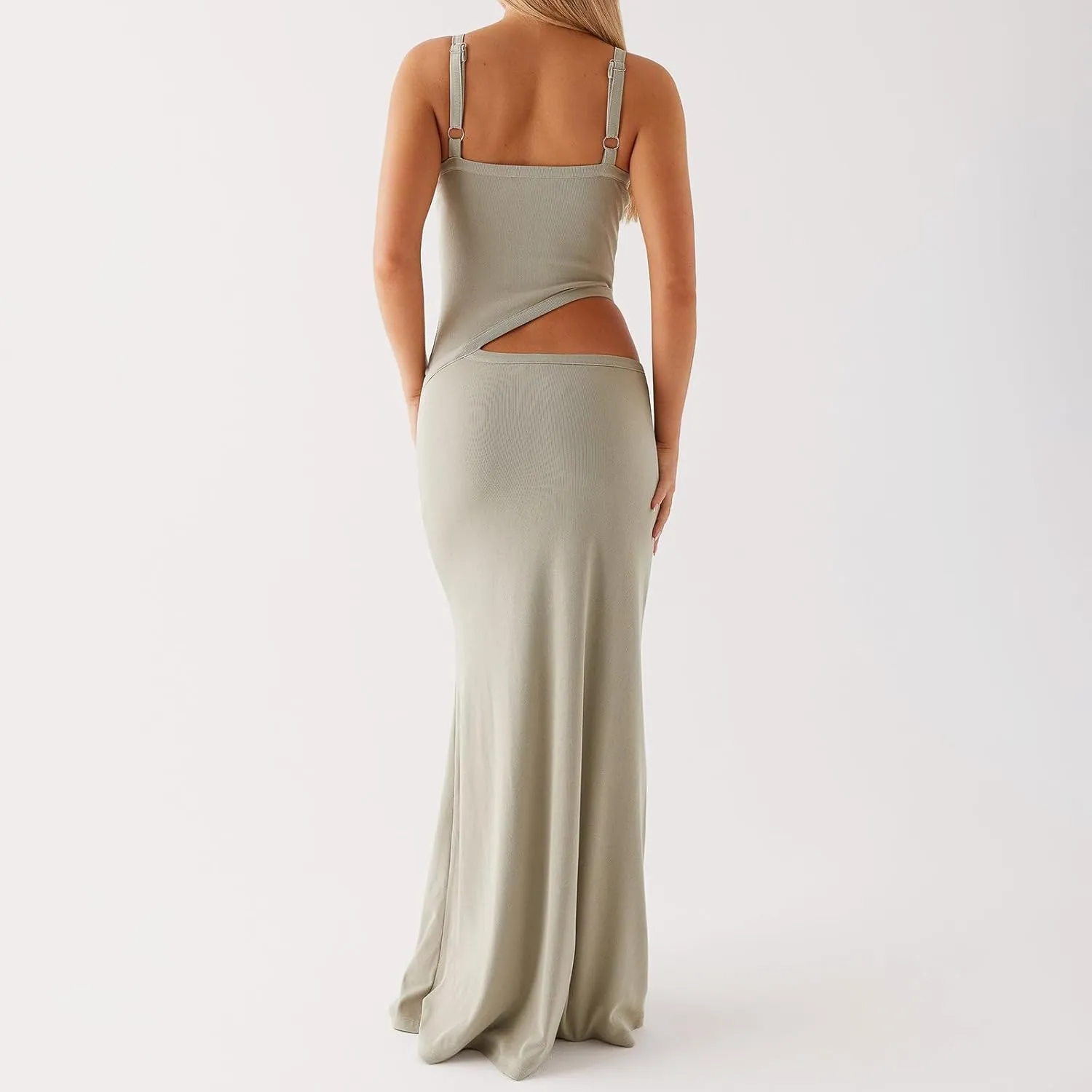 Bodycon Maxi Dress Women Sexy Sleeveless Cutout Low V Neck Spaghetti Strap Backless Solid Hollow Out Long Dresses