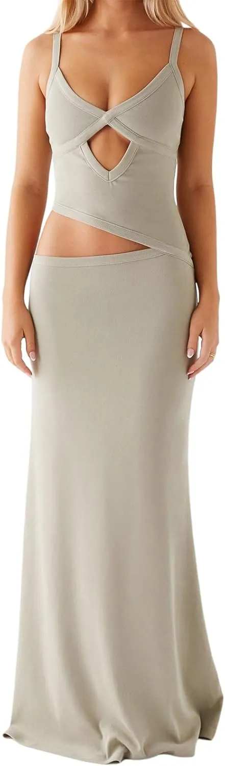 Bodycon Maxi Dress Women Sexy Sleeveless Cutout Low V Neck Spaghetti Strap Backless Solid Hollow Out Long Dresses